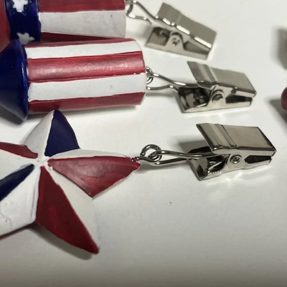 Patriotic American Tablecloth Weights Clips Set 4 Flag Hat Star Firework 1.5